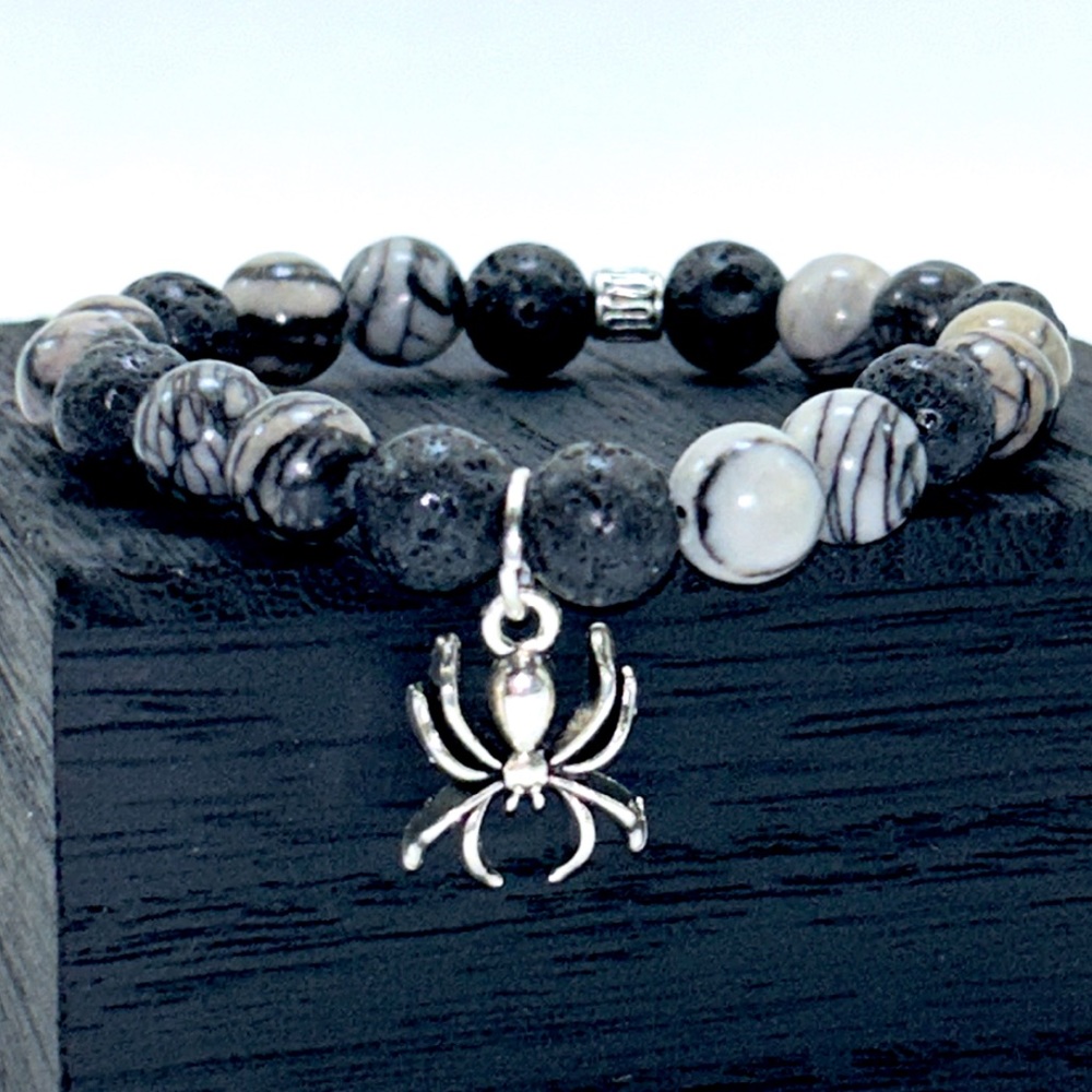 Handmade Halloween Spider Charm Bracelet with Natural Jasper & Lava Rock Stones!